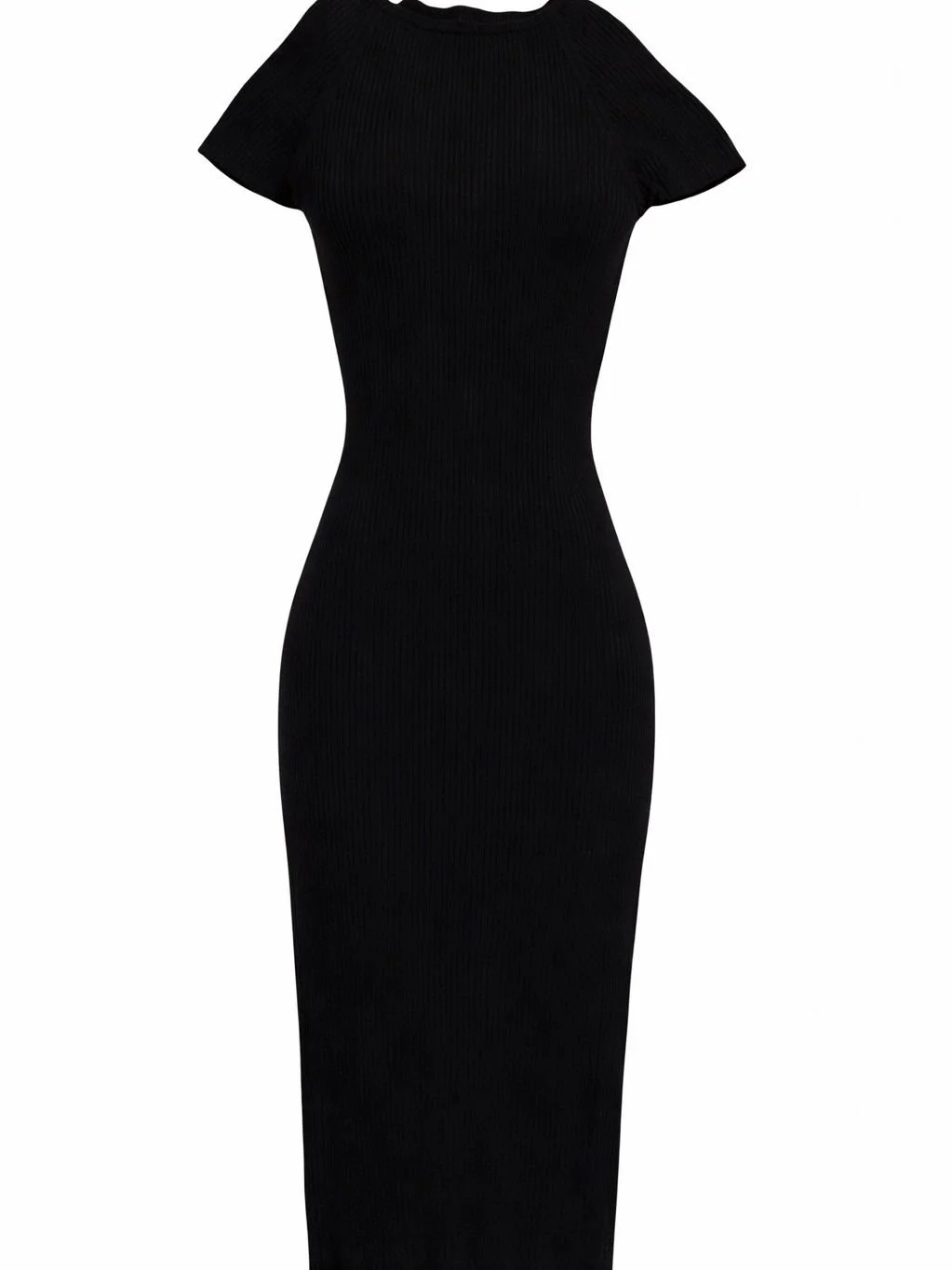 Guess black midi dress back view, clean silhouette, short sleeves, ribbed stretch fabric