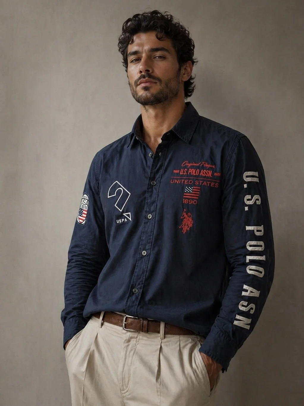 S. Polo Assn. long sleeve navy shirt front view worn by model premium casual look
