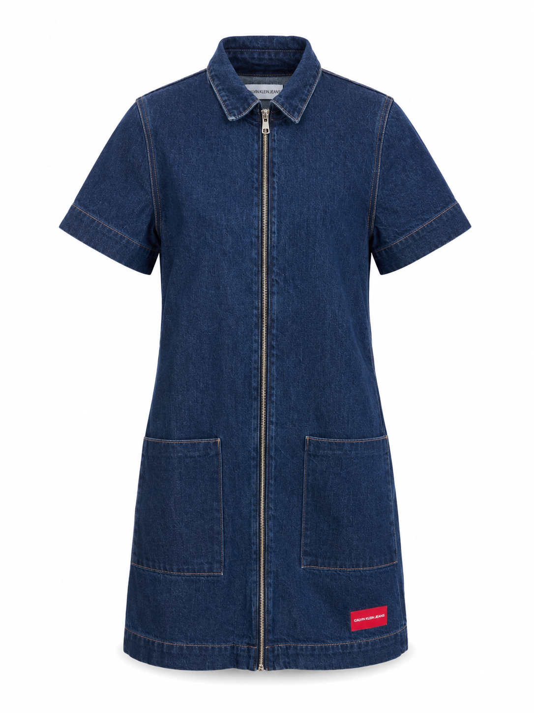Calvin Klein Jeans women’s dark blue denim mini dress with front zip closure, short sleeves and large patch pockets