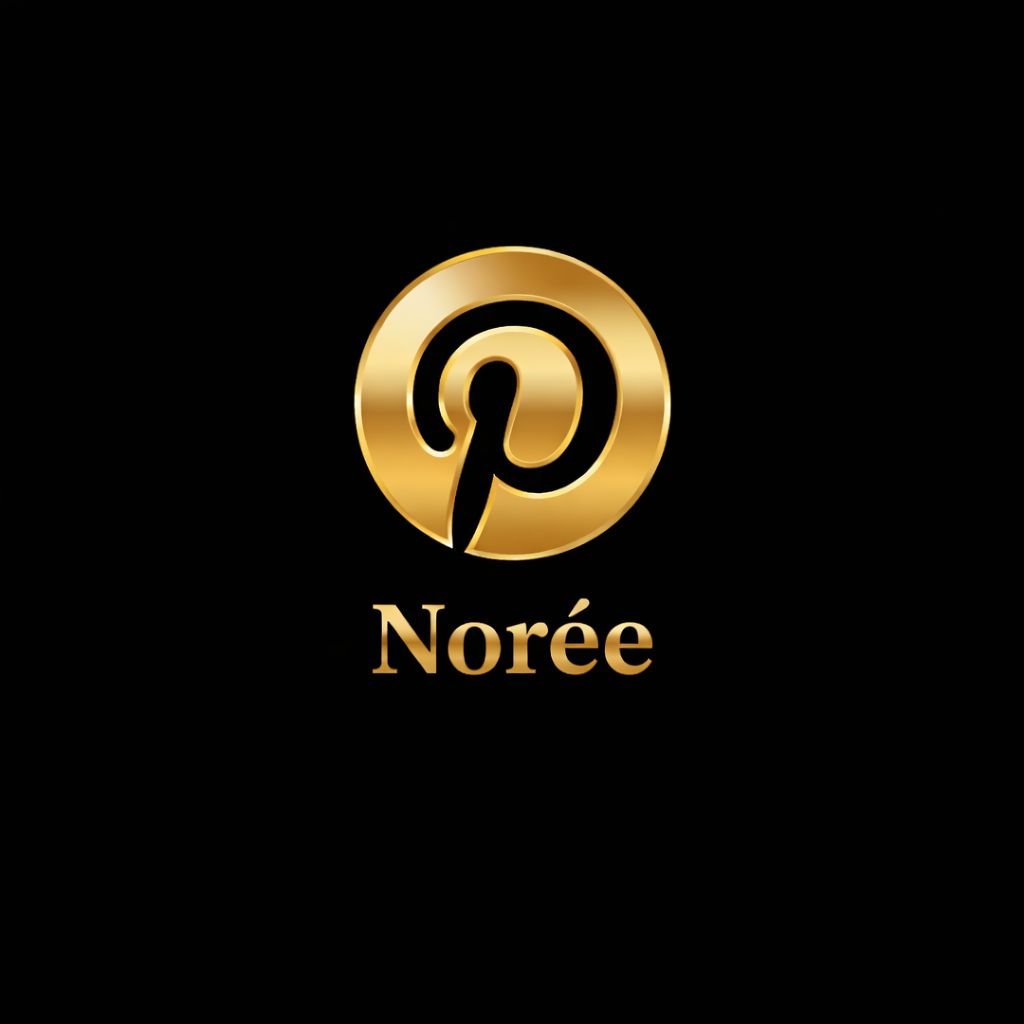 Luxury gold Pinterest icon on black background with Norée branding, premium second hand fashion boutique Malta, curated designer resale clothing, luxury thrift EU shipping