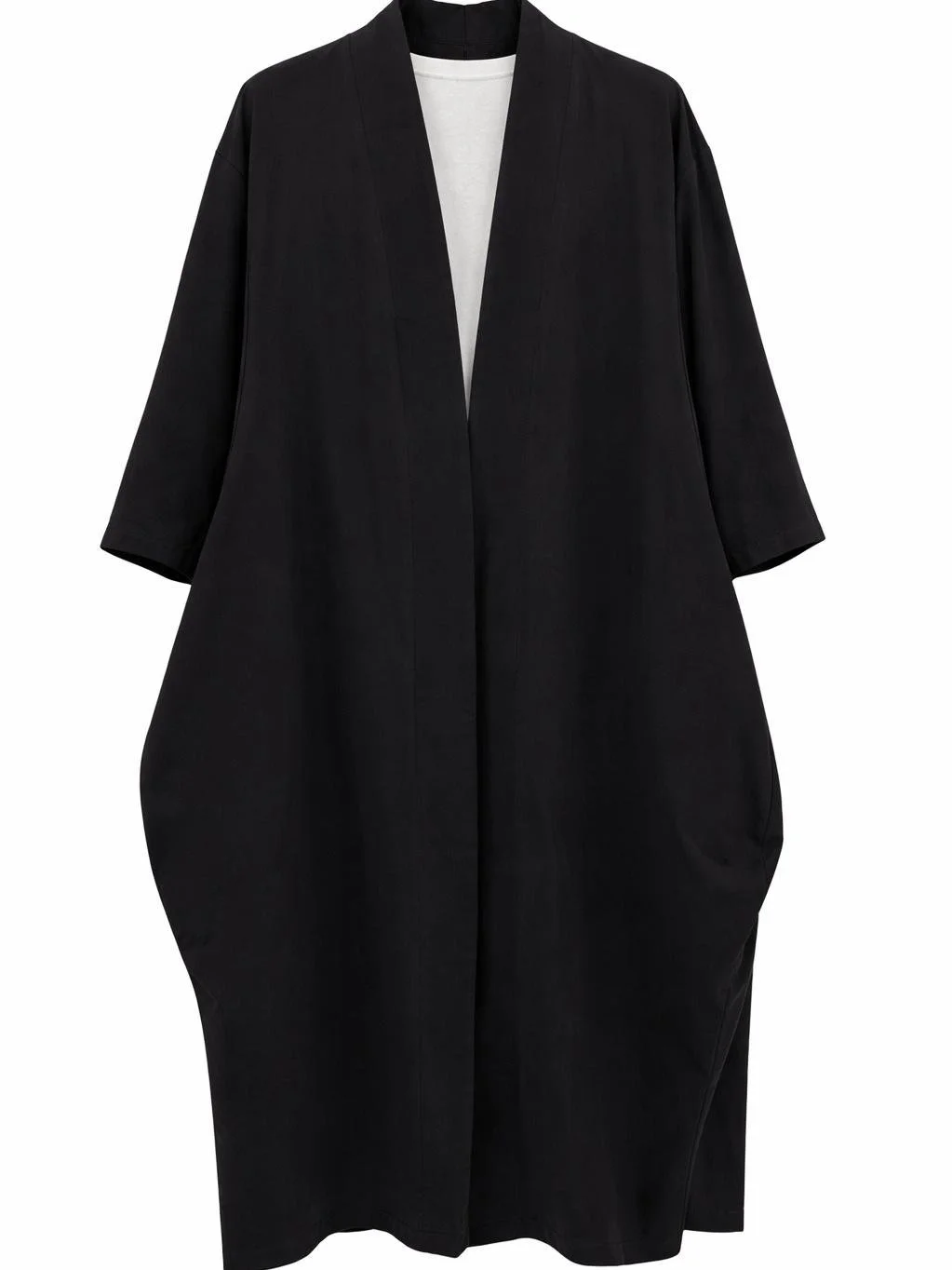 Black kimono-style cardigan, open front, relaxed fit, minimalist Italian fashion