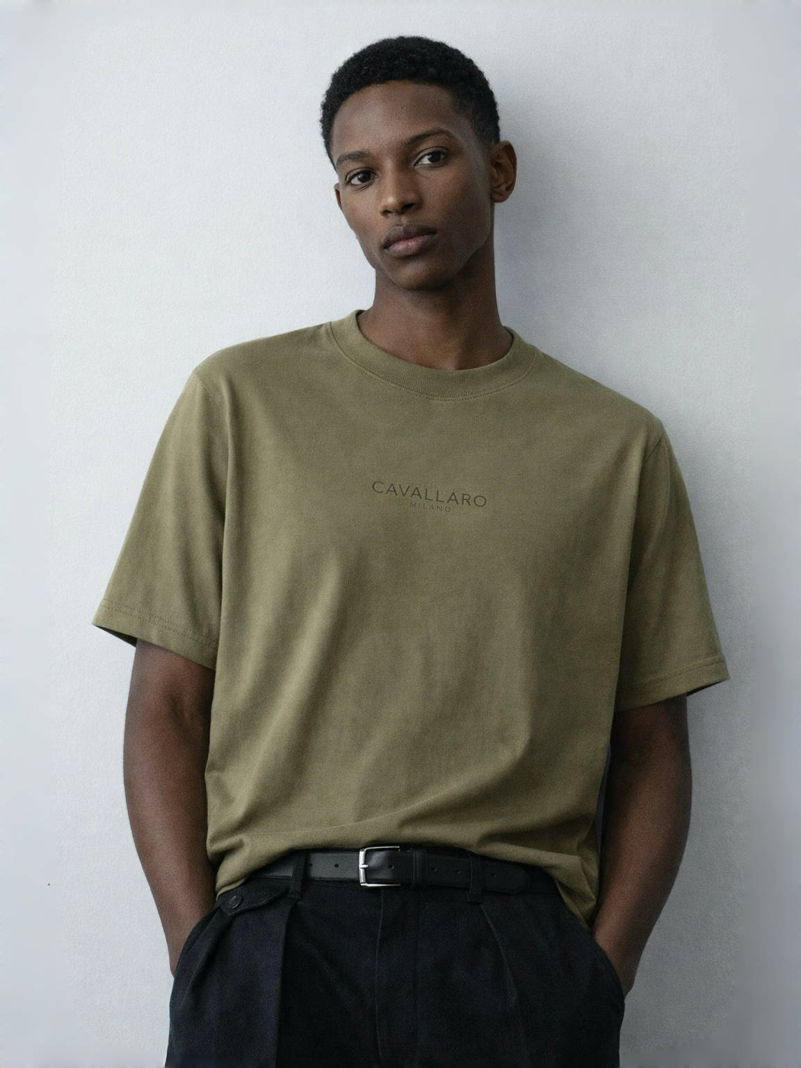 Cavallaro Napoli olive green men’s t-shirt worn model front view minimal luxury styling