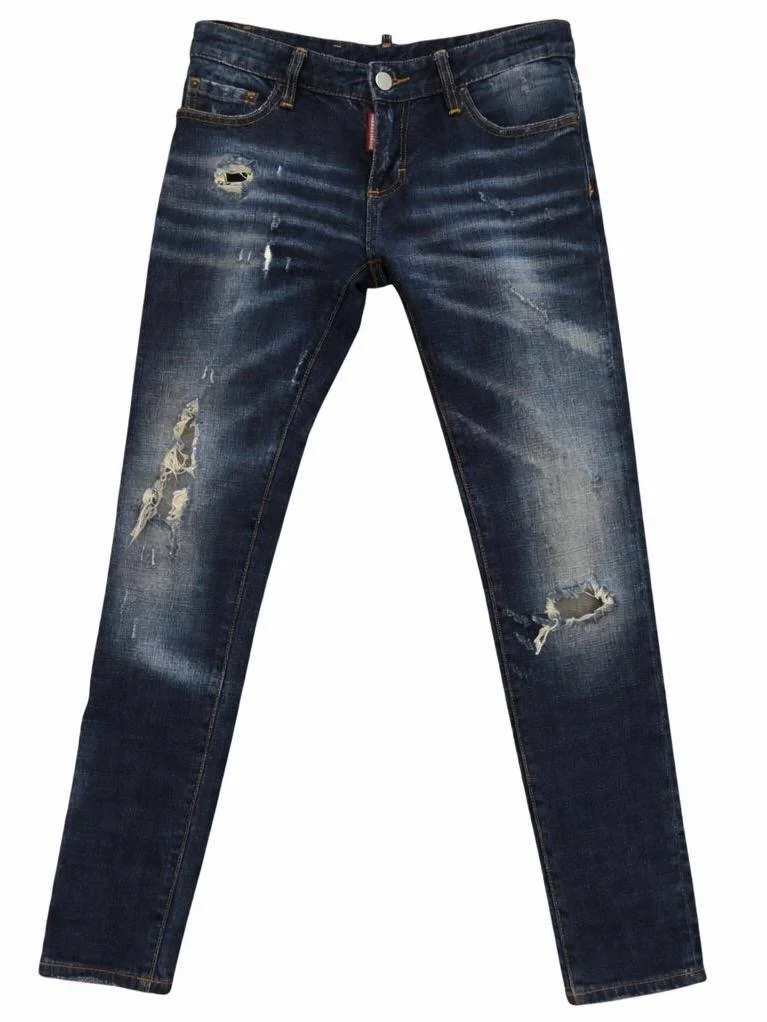 Dsquared2 luxury designer skinny cropped jeans, dark blue distressed denim, front view, premium Italian denim, pre-owned luxury fashion, Virtual Preview Available