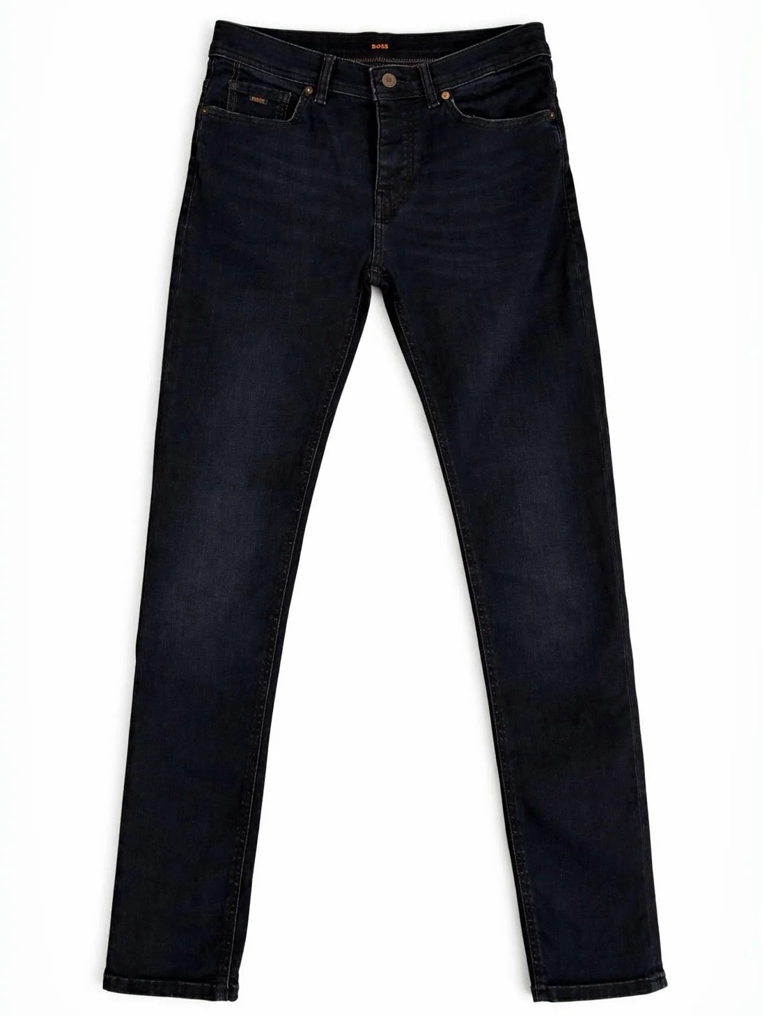 BOSS dark blue slim fit men’s designer jeans front view in premium washed stretch denim