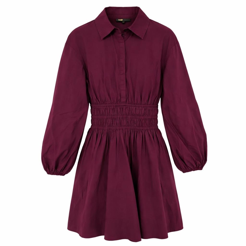 Maje burgundy dress front view, long sleeves, elastic waist, pre-owned luxury womenswear