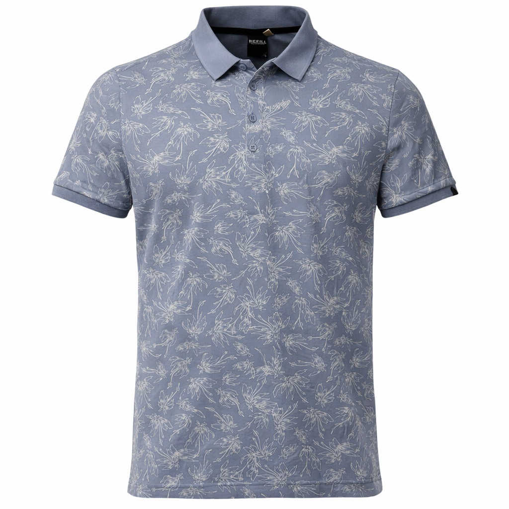 Men’s blue-grey floral polo shirt, short sleeve, classic collar, front view
