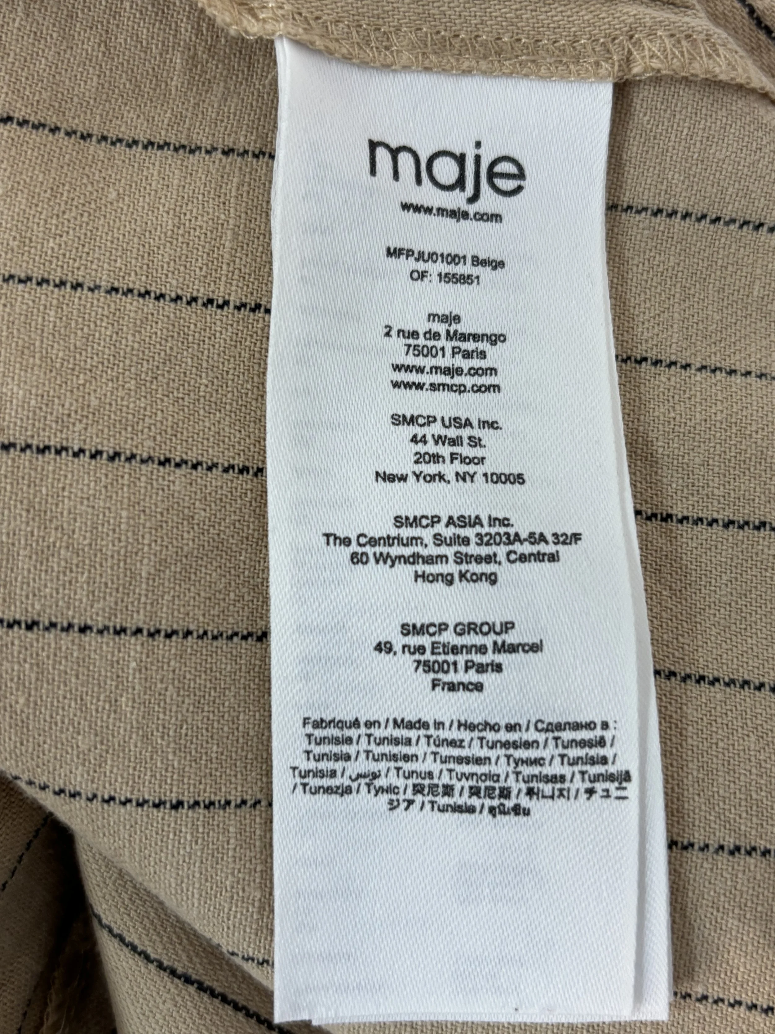 Maje beige pinstripe skirt product label Made in Tunisia