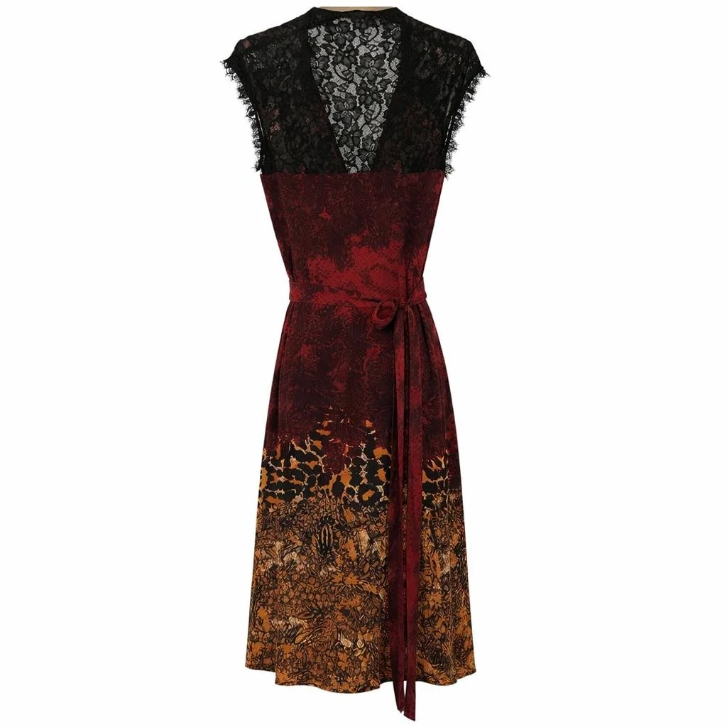 Diane von Furstenberg sleeveless wrap dress in burgundy with black lace neckline and gradient print on white background – pre-loved luxury.