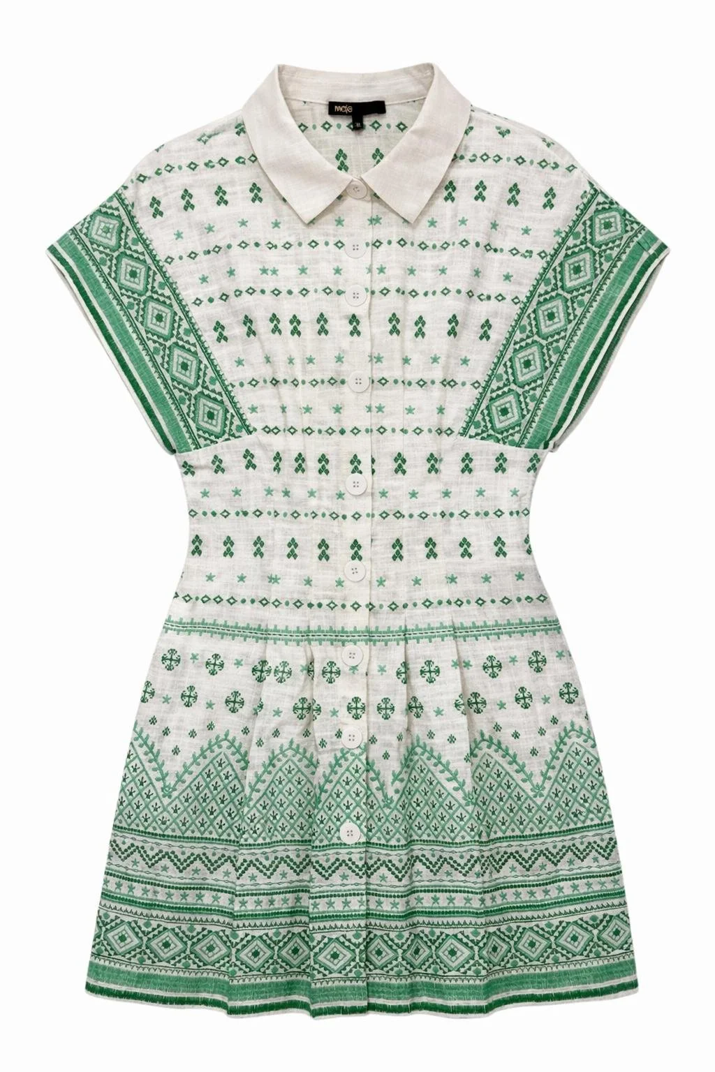 Maje white green printed ramie blend mini dress front view with collar, short sleeves and button front detail