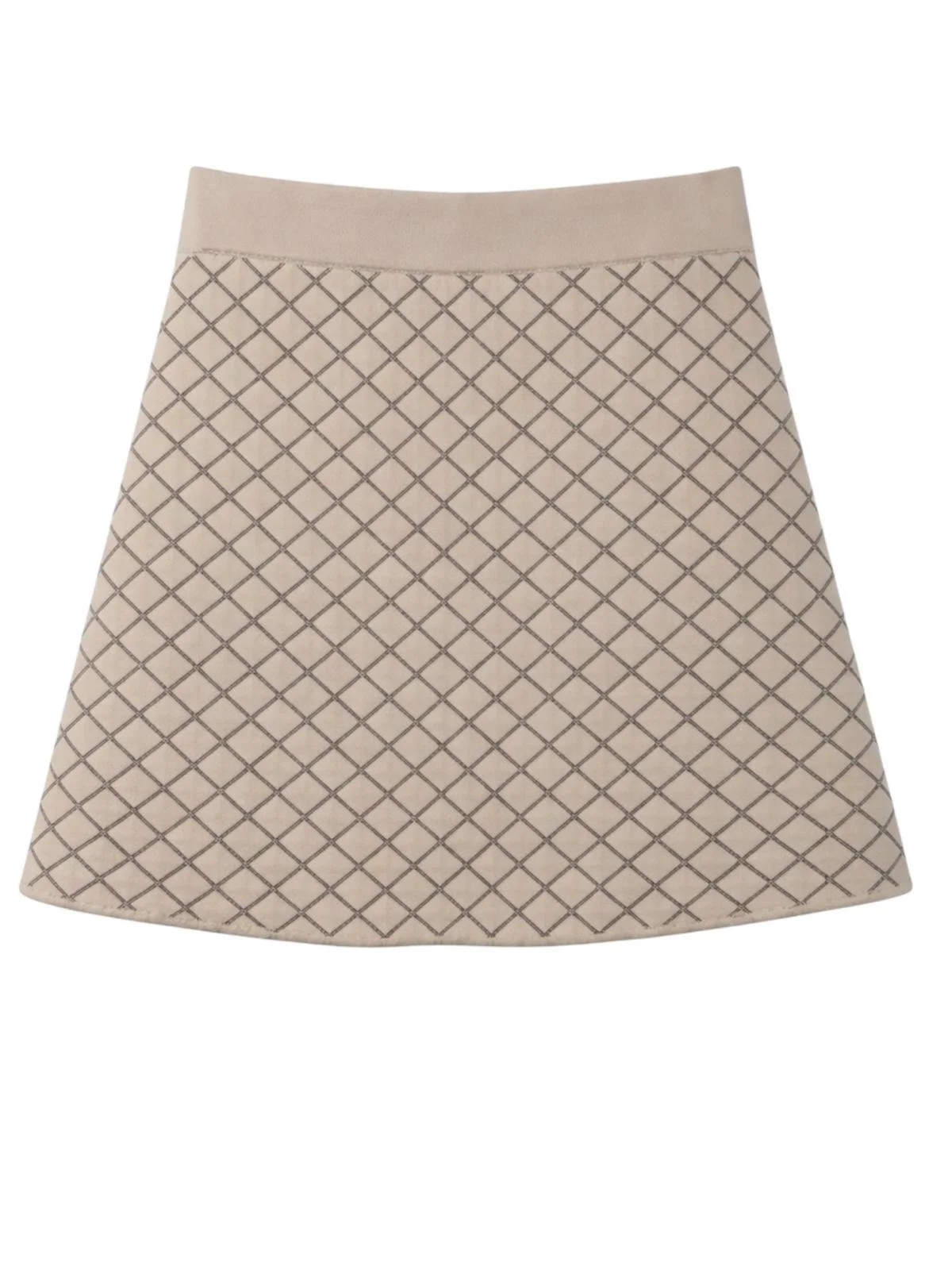 Sandro beige tweed mini skirt with diamond pattern, back view highlighting clean tailoring and silhouette on a white background – pre-loved luxury fashion curated by Norée Thrift de Lux.