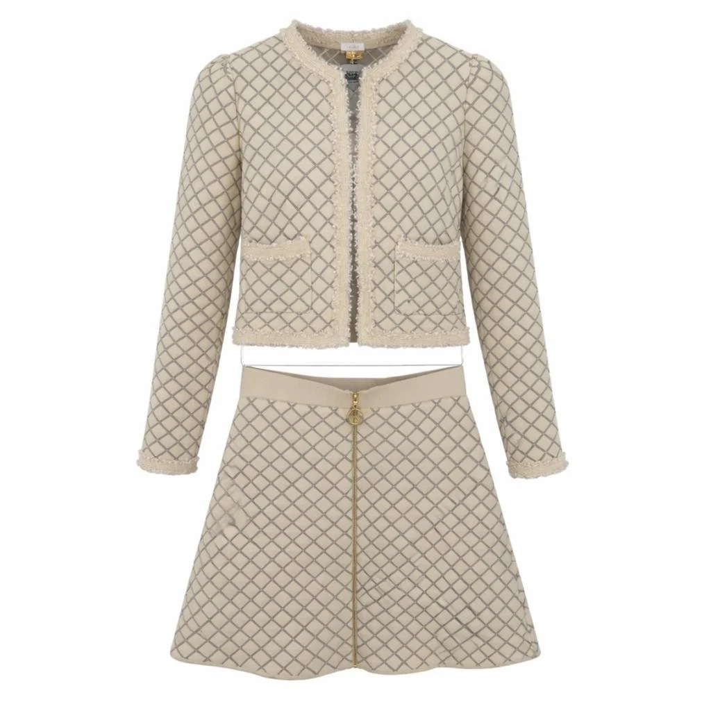 Sandro beige two-piece tweed set featuring a cropped jacket and matching skirt with diamond pattern, photographed on a white background – pre-loved luxury fashion curated by Norée Thrift de Lux.