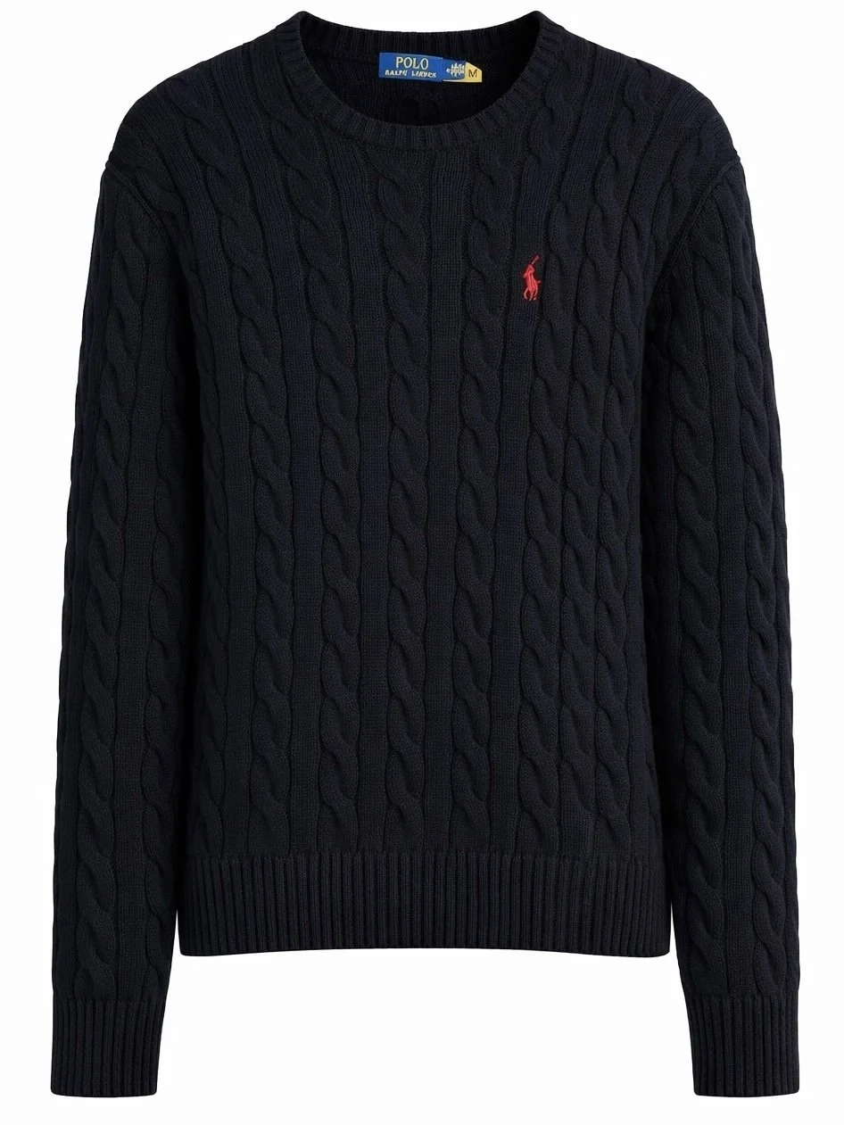 Polo Ralph Lauren navy blue cable knit sweater men front view luxury cotton knitwear