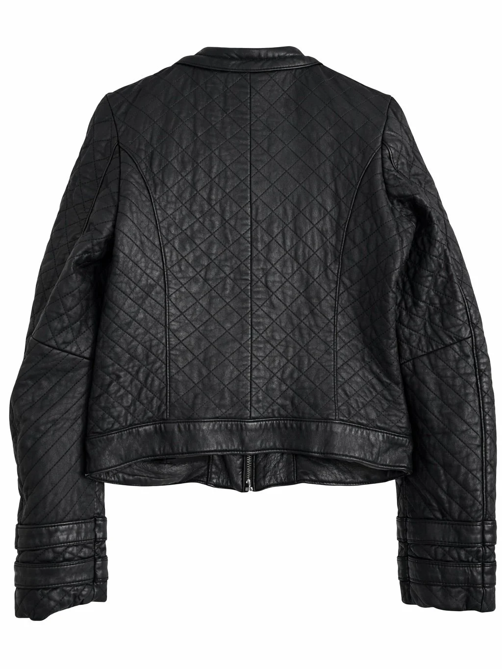 Intuition Paris black quilted lamb leather jacket back view with diamond stitching detail women’s jacket size 38