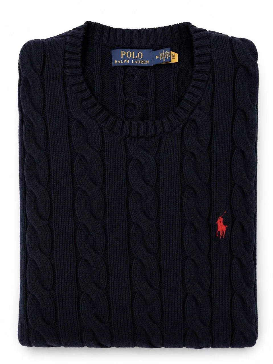 Ralph Lauren navy cable knit sweater folded close up red pony logo detail