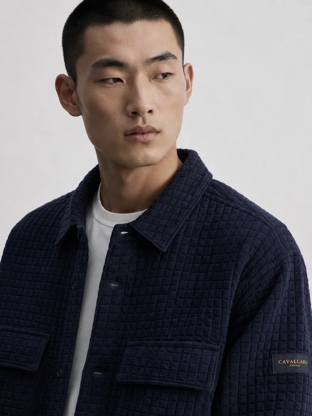 Close-up of Cavallaro Napoli navy overshirt featuring quilted texture, structured collar and premium Italian-inspired design