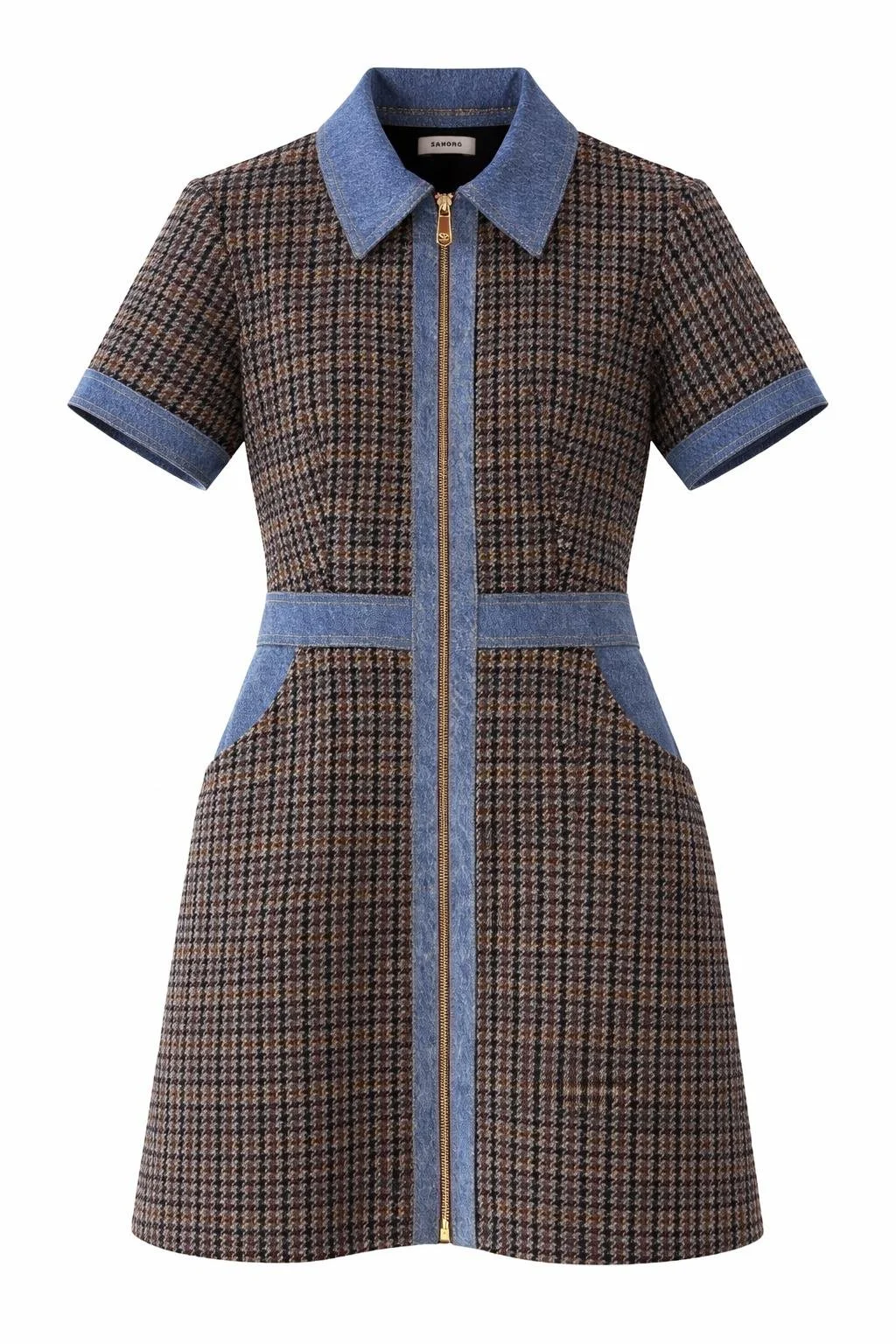 Sandro tweed mini dress with denim collar, gold front zip and short sleeves, women’s designer dress front view, pre-loved