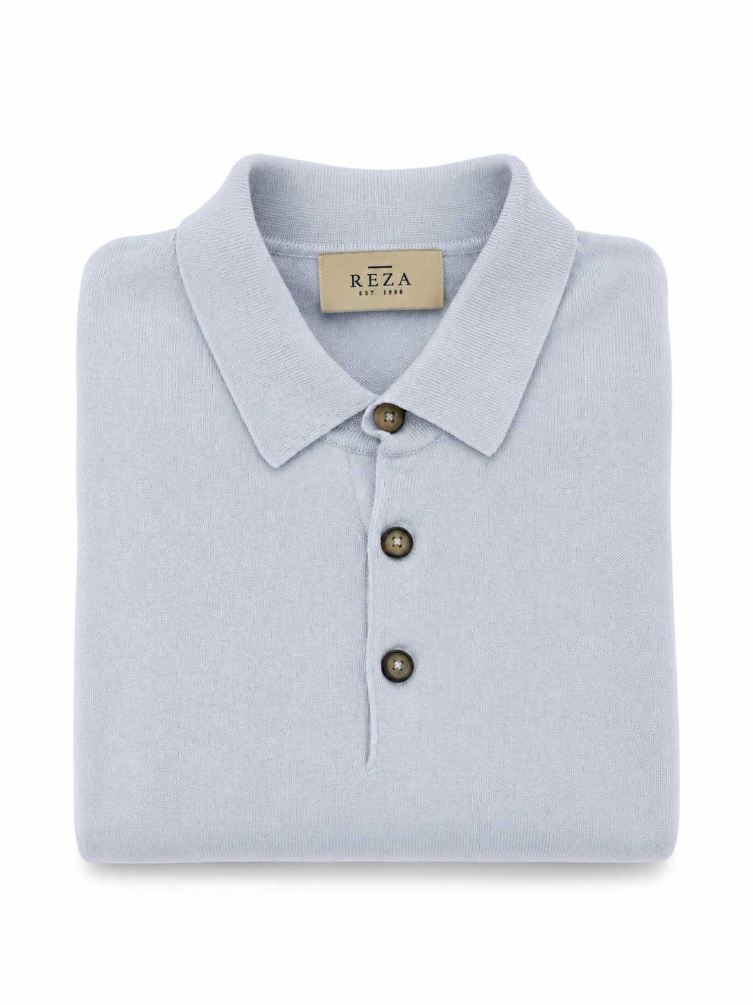 Folded REZA sky blue cotton cashmere knit polo sweater with classic polo collar and button placket