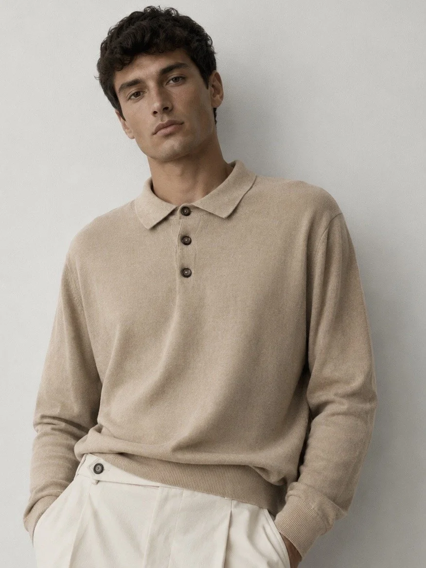 REZA beige cotton and cashmere knit polo sweater in size M featuring a soft fine-knit texture, three-button placket and minimalist smart casual design.