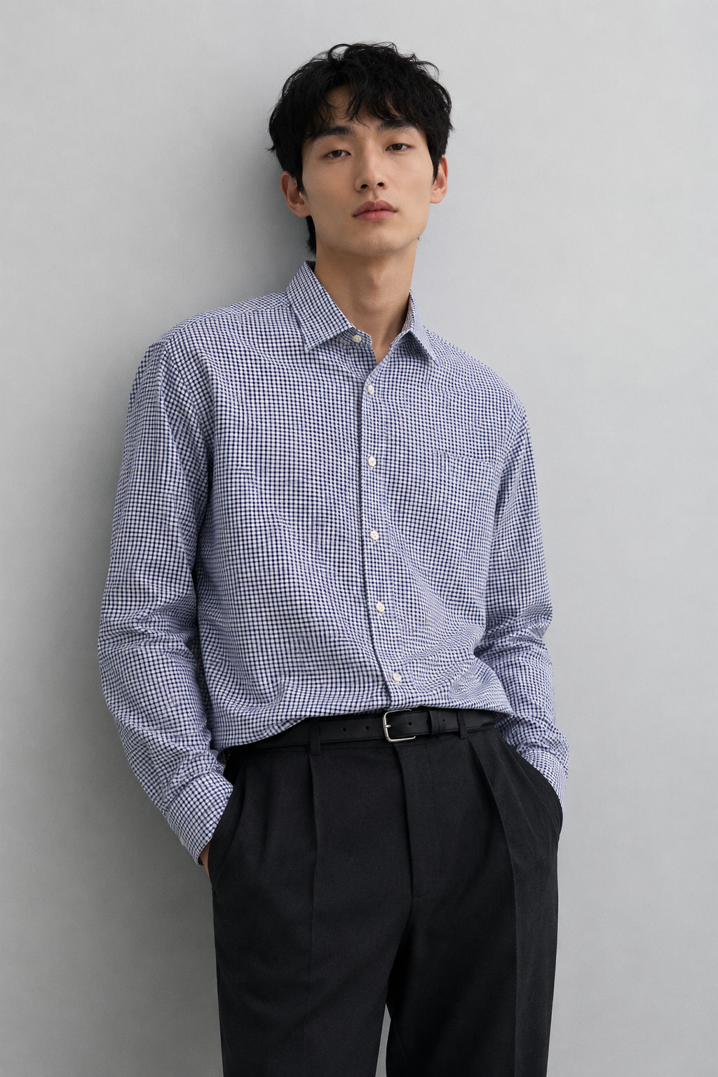 Massimo Dutti men’s checked shirt in blue and white, long sleeve smart casual button-up shirt
