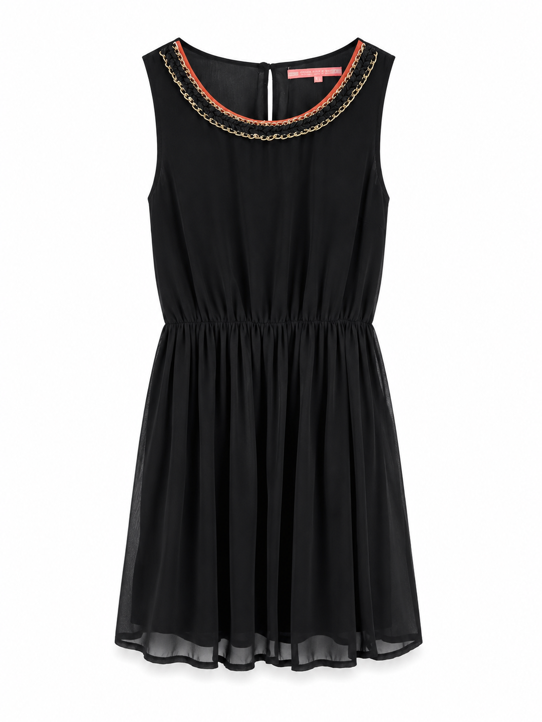 Silvian Heach black chiffon dress with gold-tone chain embellished neckline, elasticated waist and flowing skirt