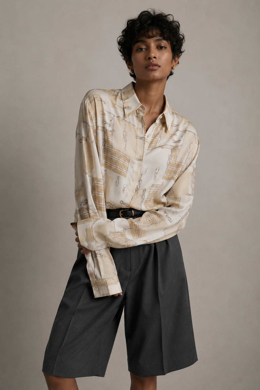 Burberrys vintage silk blouse editorial outfit in beige check print