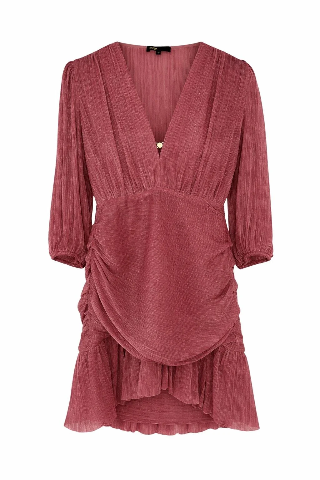 Maje pink ruched mini dress front view, women’s designer dress with V-neckline and soft draped silhouette.