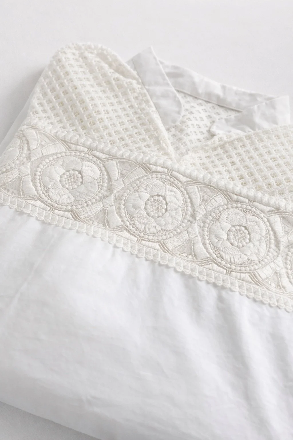 White IRO embroidered blouse with intricate lace panel detailing and long sleeves elegant designer women’s top pre-owned