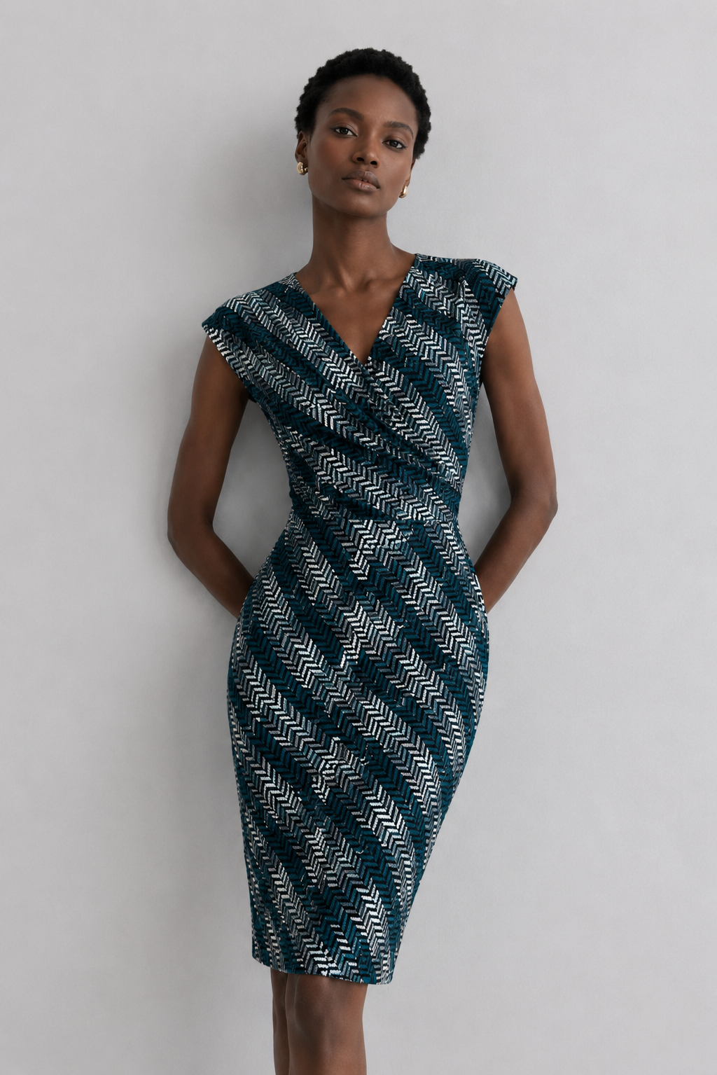 White House Black Market geometric print sheath dress worn by model