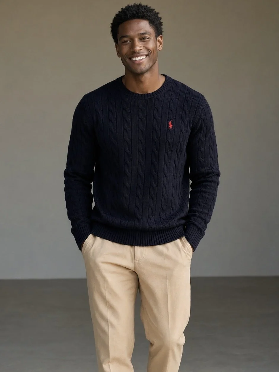 Polo Ralph Lauren cable knit sweater worn by male model luxury quiet luxury outfit