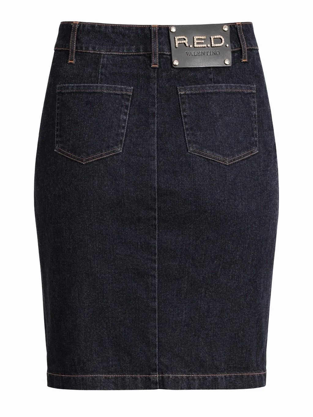 R.E.D. Valentino dark denim skirt back view with logo plaque detail