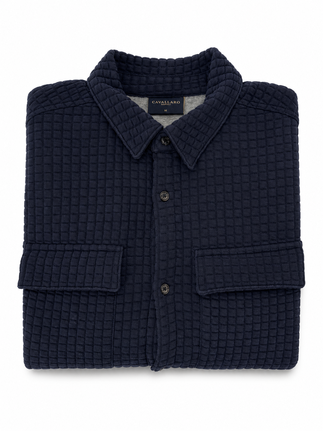 Folded Cavallaro Napoli navy quilted overshirt displaying premium textured fabric and smart casual styling