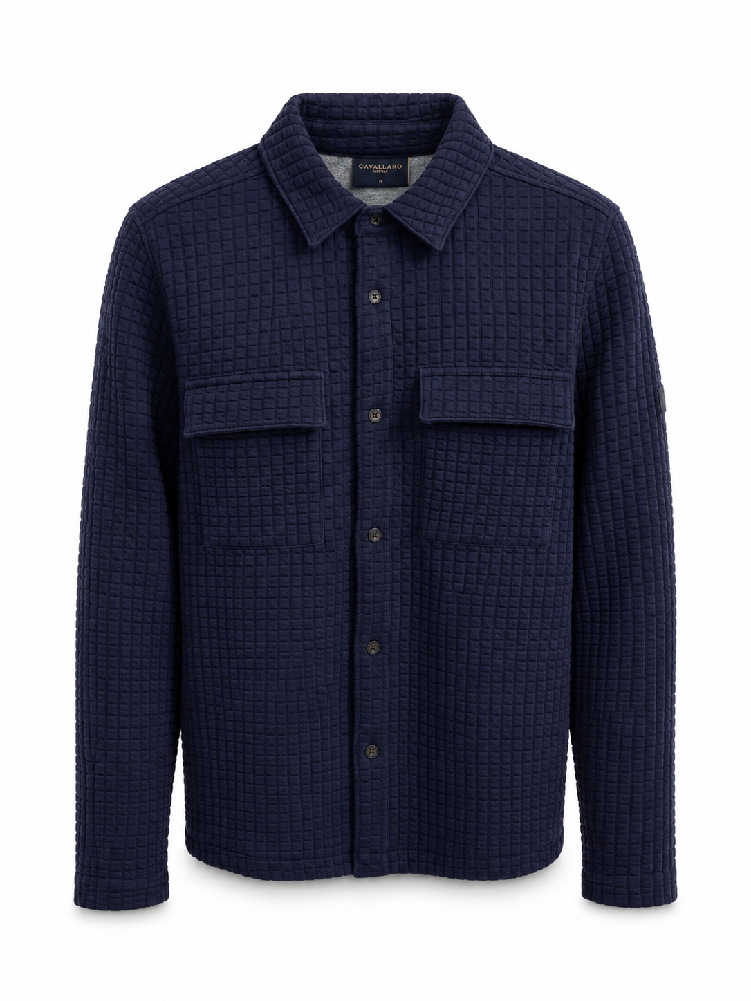 Cavallaro Napoli men’s navy quilted overshirt front view with button closure and utility chest pockets
