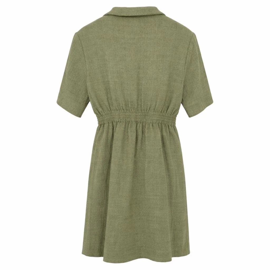Sandro green dress back view with elastic waist, minimalist design