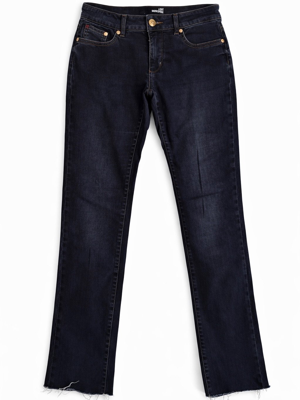 Love Moschino dark blue cropped jeans front view with raw hem detail