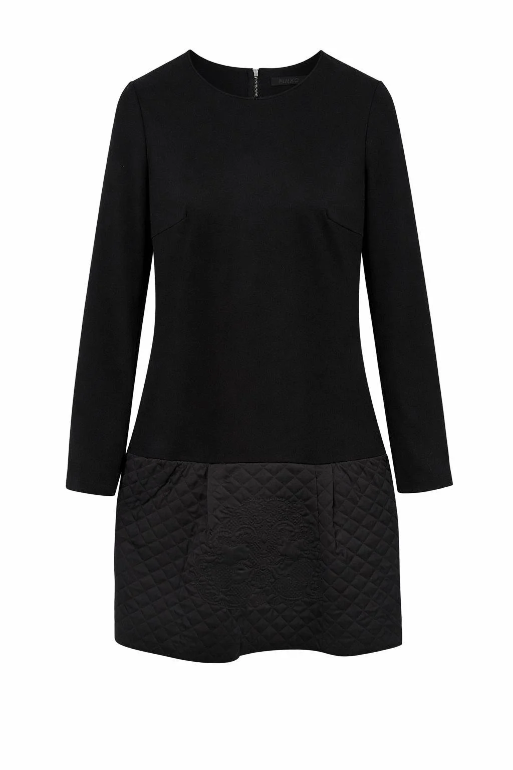 Pinko black mini dress front view with long sleeves and quilted lower panel, structured fit designer dress
