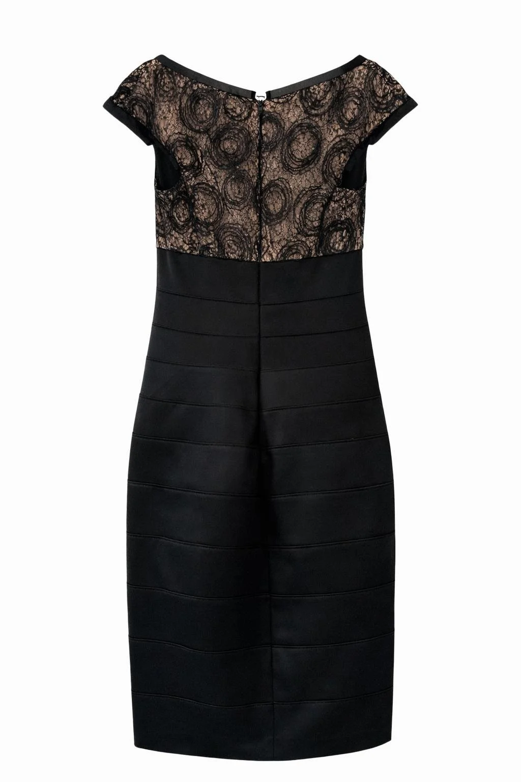Joseph Ribkoff black fitted dress with lace upper panel and back zipper detail back view