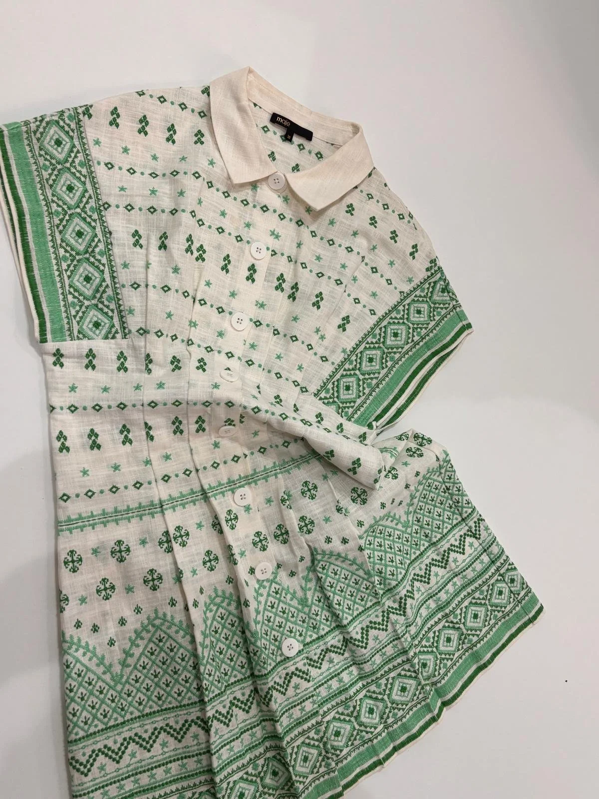 Maje white green ramie blend dress close-up of fabric texture and geometric print pattern