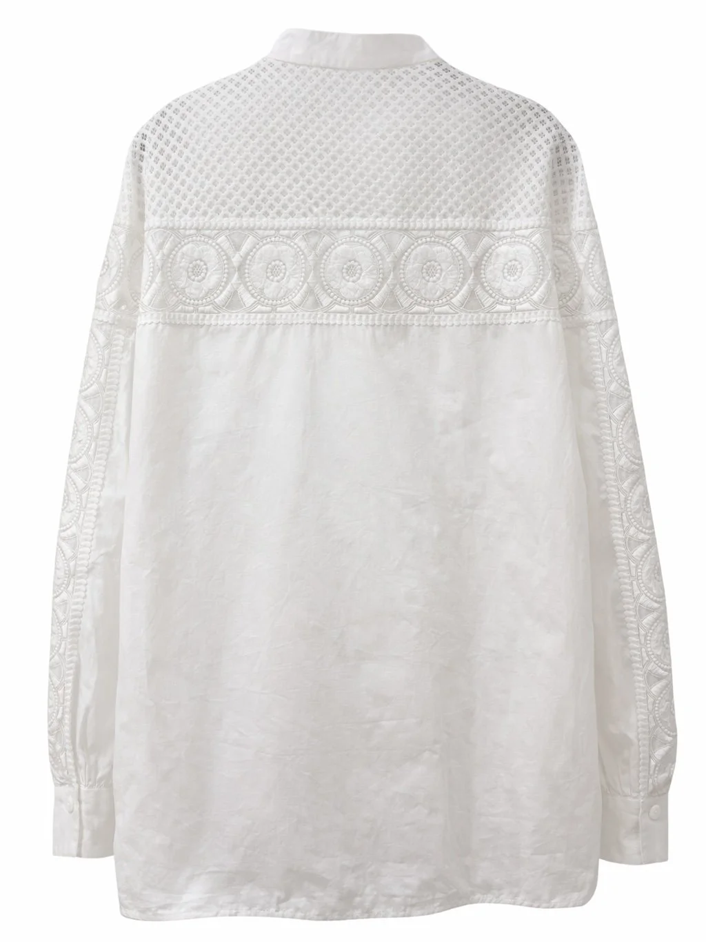 White IRO women’s blouse back view with embroidered lace panels and relaxed silhouette luxury pre-owned designer shirt