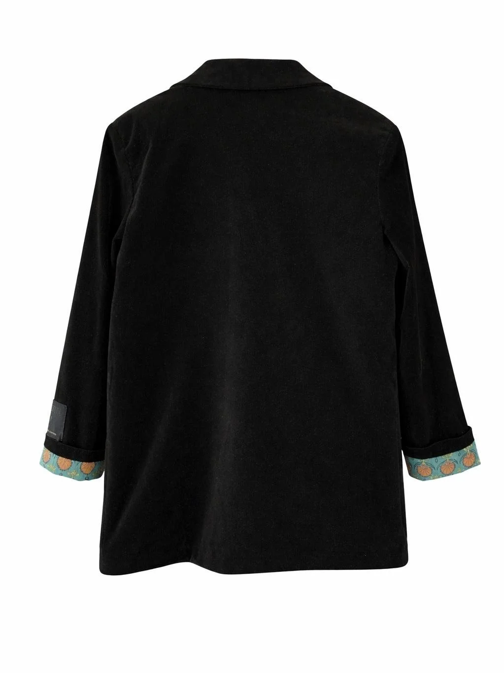 Back view of black velvet blazer with relaxed fit