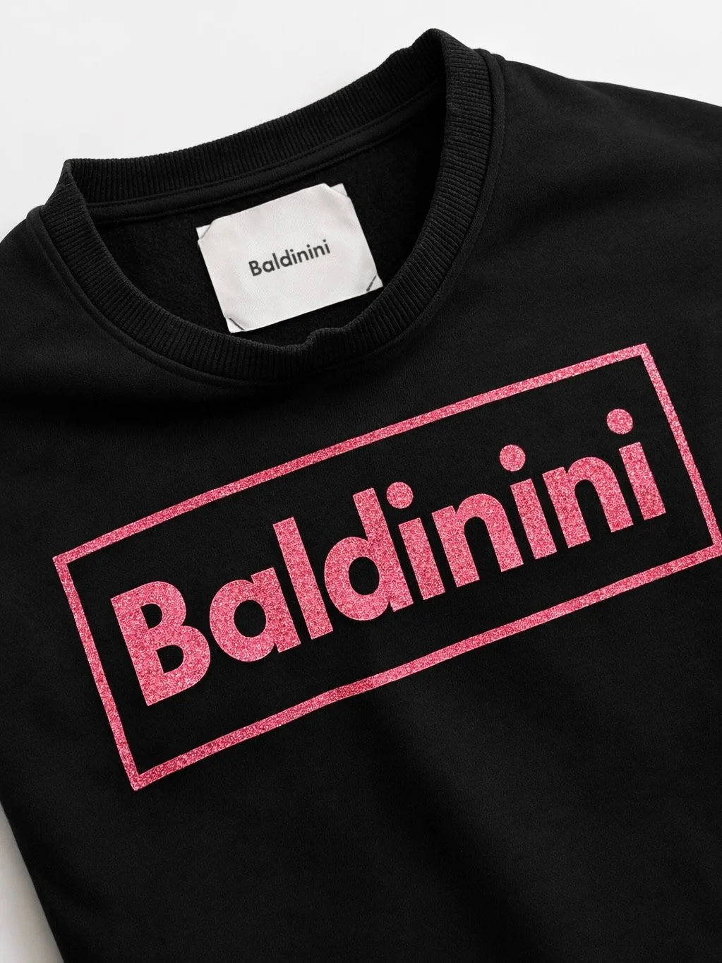 Baldinini black logo designer sweatshirt fabric and neckline detail