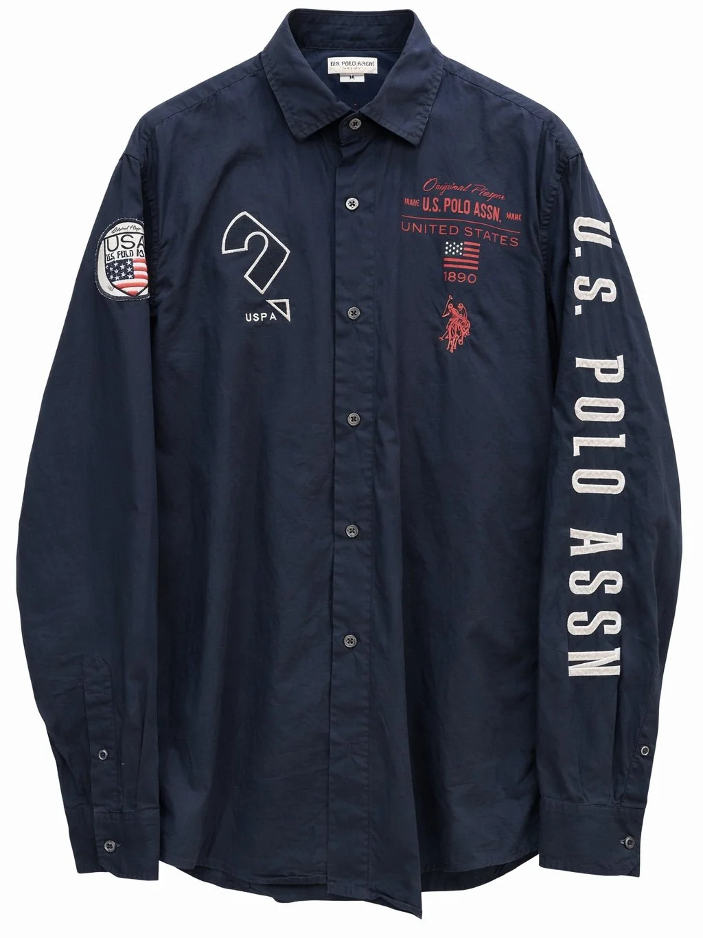 U.S. Polo Assn. navy long sleeve shirt front view logo graphic details mens shirt