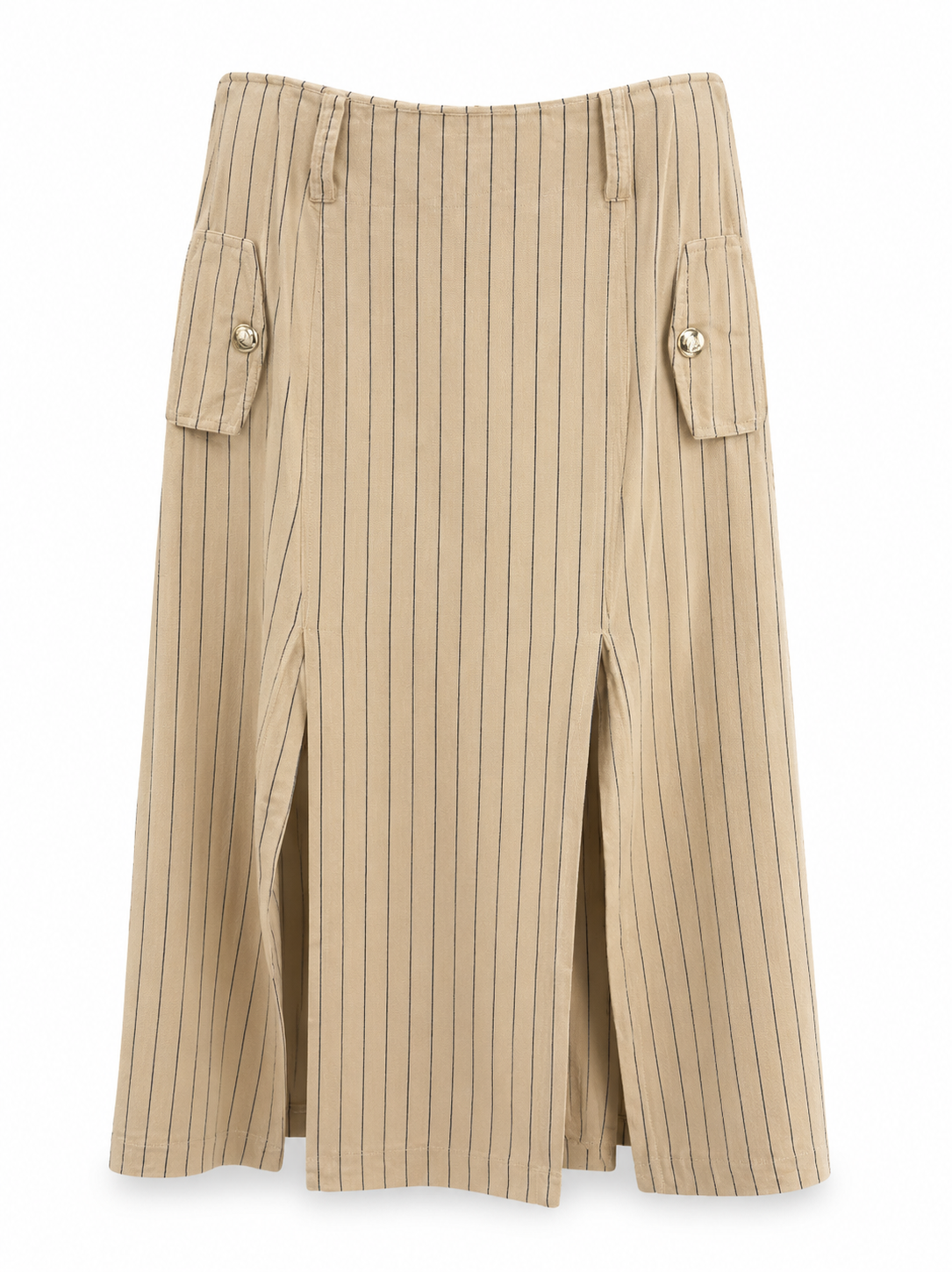 Maje beige pinstripe midi skirt with front slits and button pockets