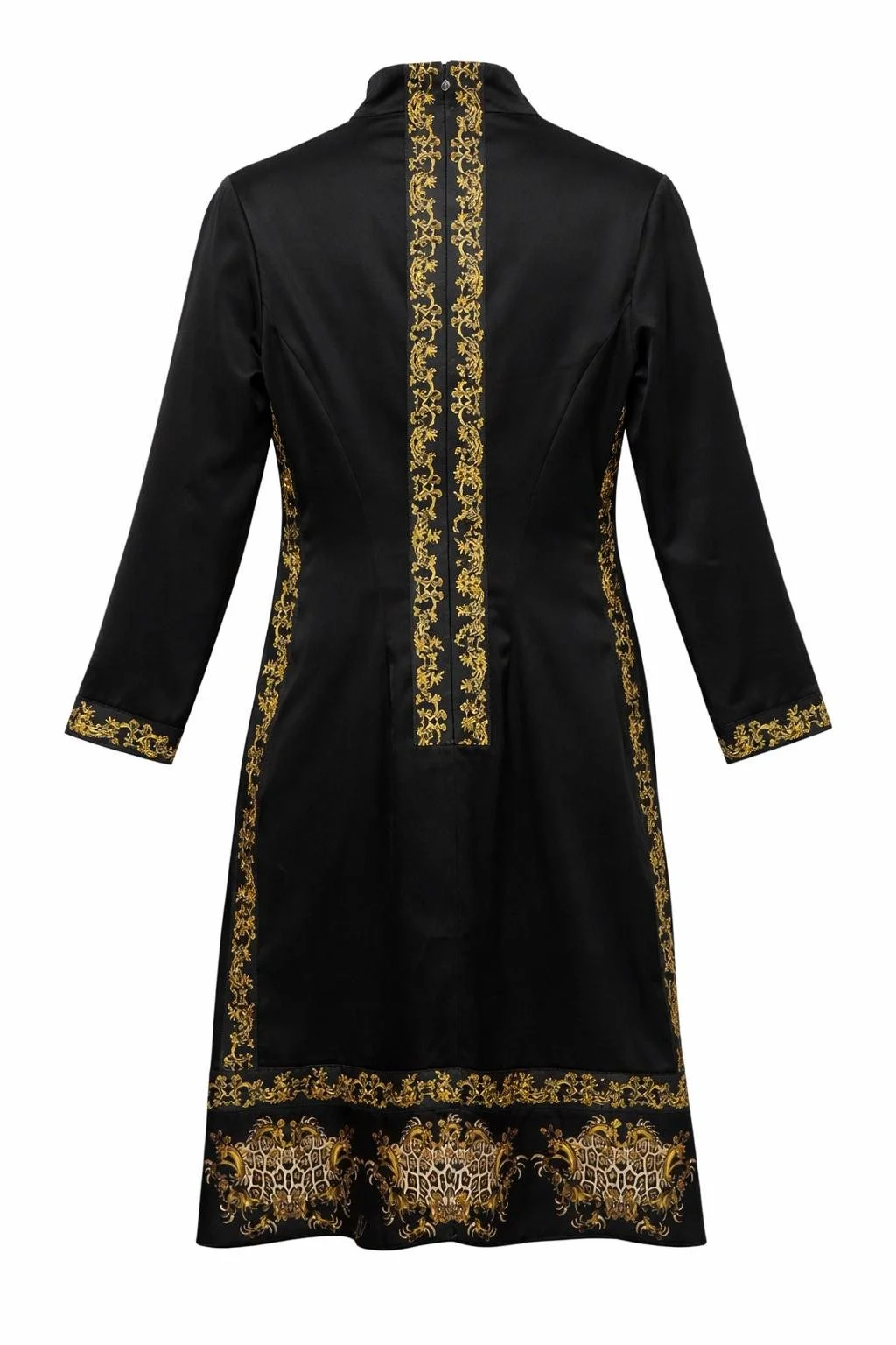 Just Cavalli black midi dress back view with gold baroque embroidery panels and long sleeves