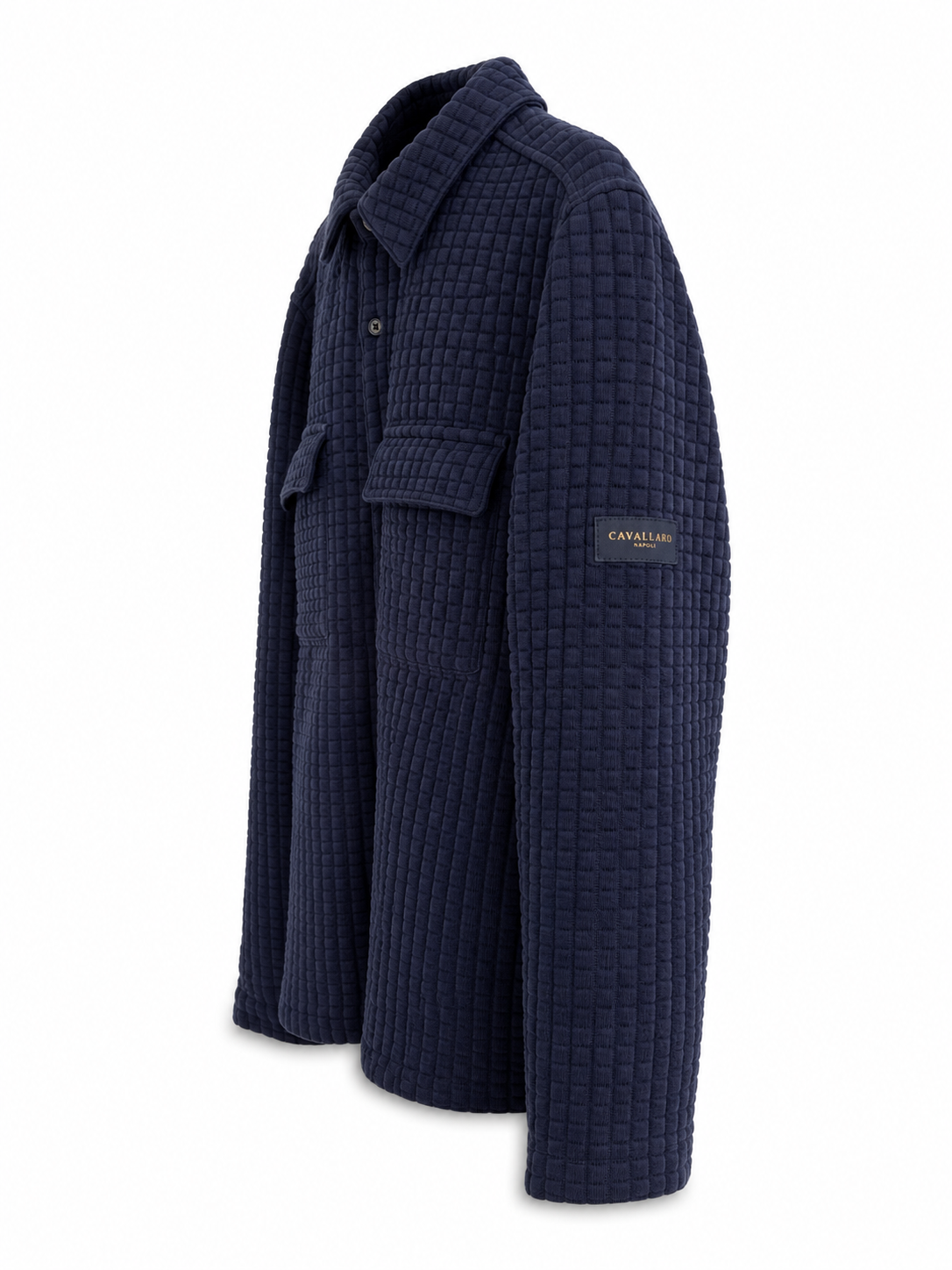 Side profile of Cavallaro Napoli navy overshirt highlighting quilted construction and signature sleeve logo patch