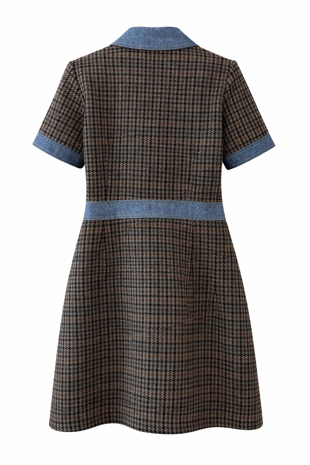 Back view of Sandro tweed mini dress with denim collar and short sleeves, women’s designer dress, pre-loved