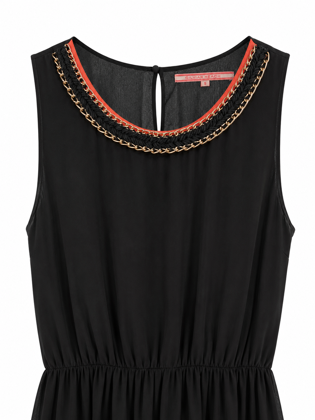 Silvian Heach black designer dress neckline with layered gold-tone chains, braided trim and red accent detail