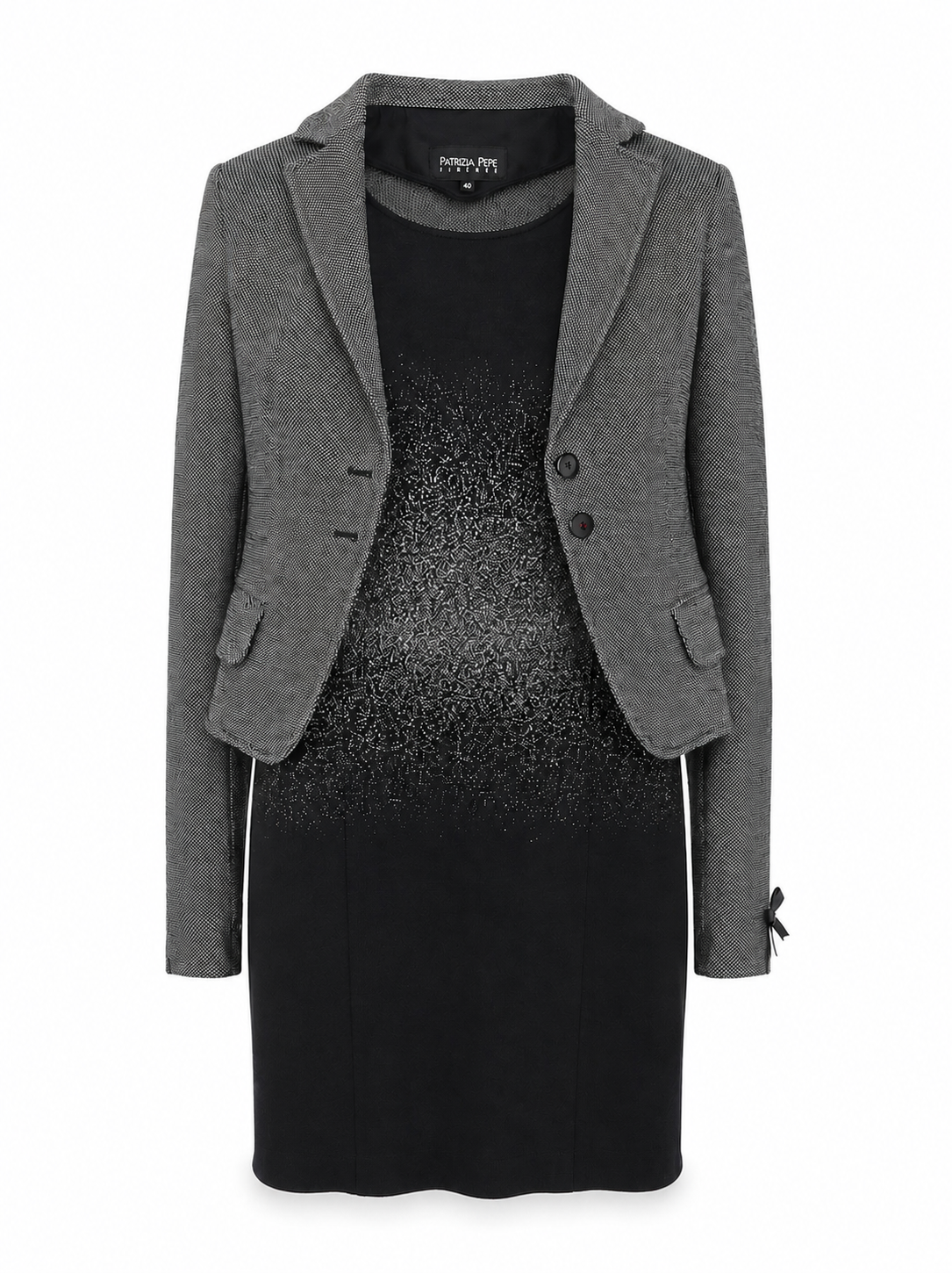 Patrizia Pepe Firenze women’s designer set with a grey textured two-button blazer and dark sleeveless dress featuring intricate metallic detailing.