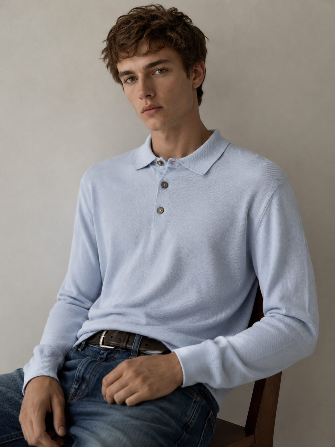 REZA Sky Blue Cotton & Cashmere Knit Polo Sweater