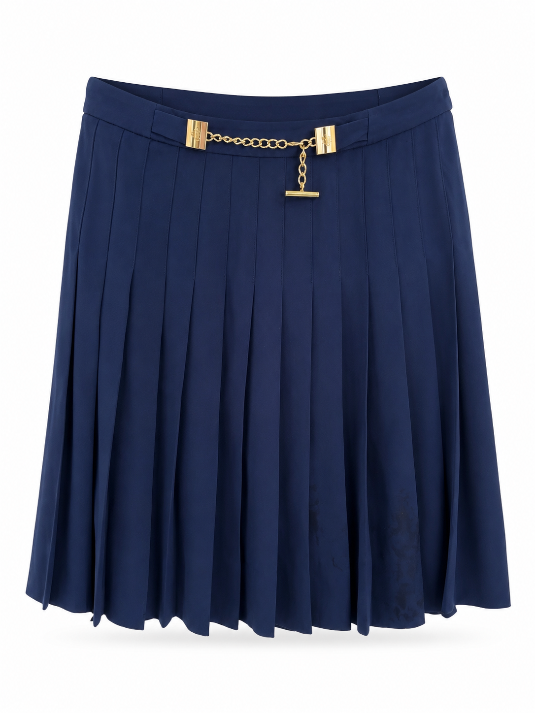 Lauren Ralph Lauren navy blue pleated skirt front view with gold chain hardware