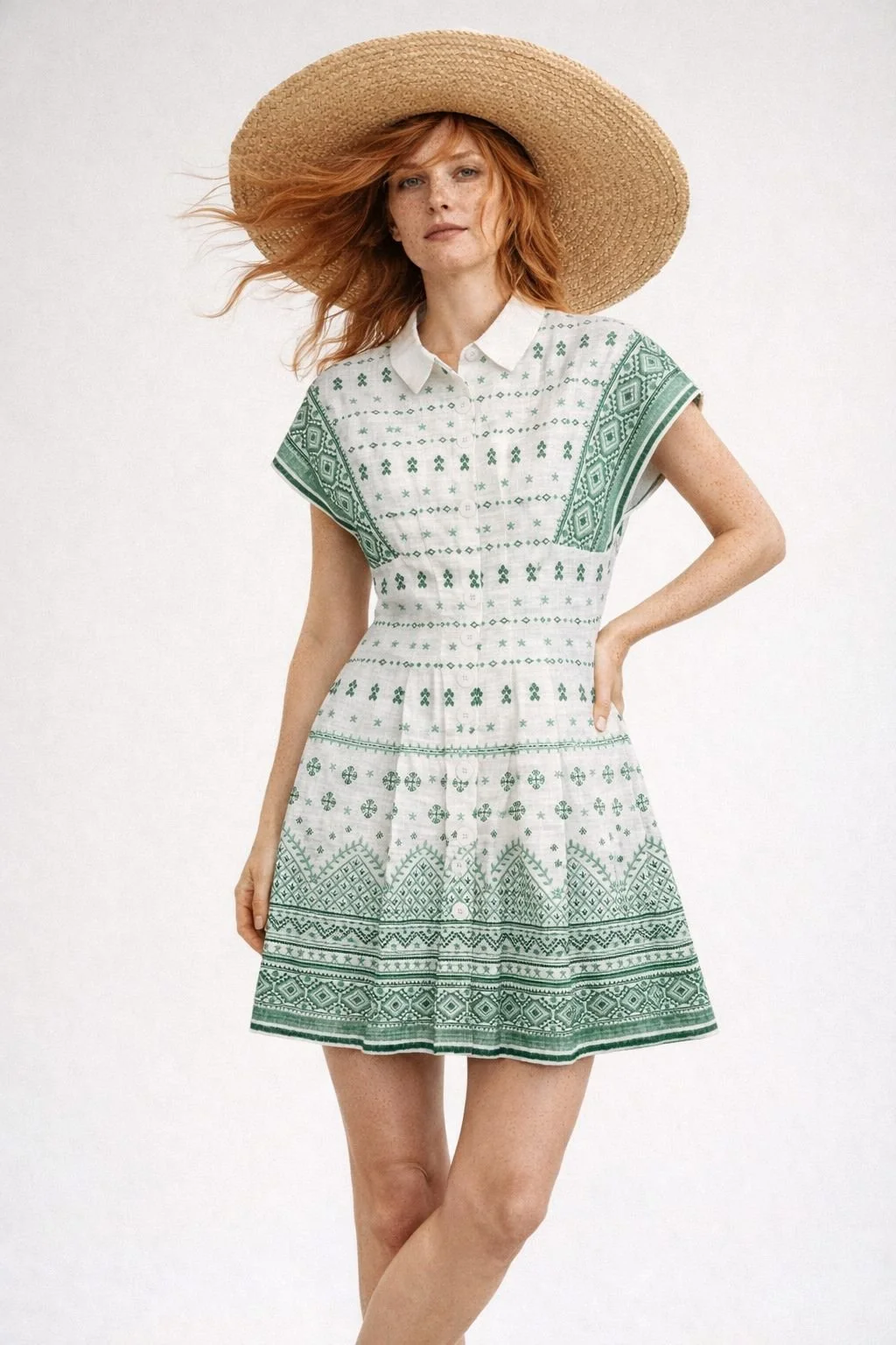 Maje Ramie Blend Mini Dress with Green Pattern – Women’s Designer